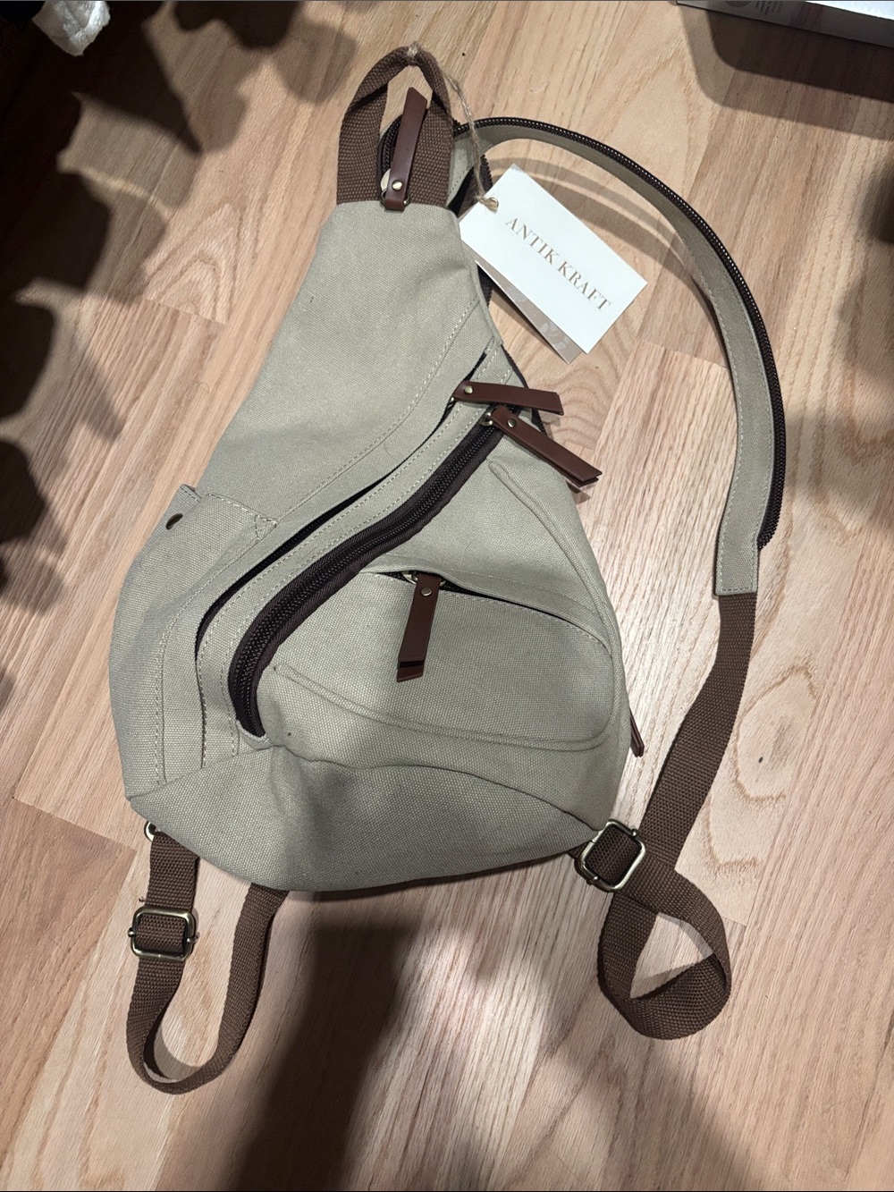 Antik Kraft Olive Canvas Sling Bag with Brown Trim